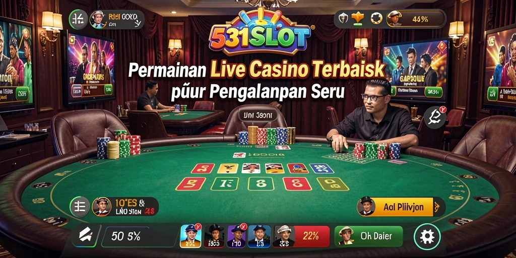 Screenshot utama 531SLOT menggambarkan dealer live dan tabel permainan yang menegangkan.