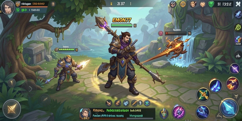 Screenshot gameplay ARPG yang menampilkan pertarungan seru di dunia <strong>EMON77</strong>.