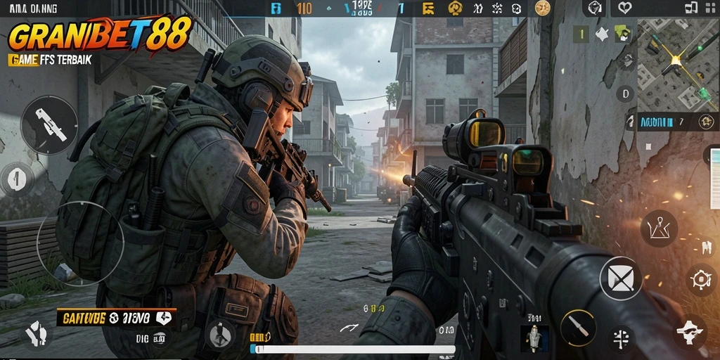 Tangkapan layar menunjukkan gameplay menegangkan dari GRANDBET88 dengan aksi tembak-menembak.