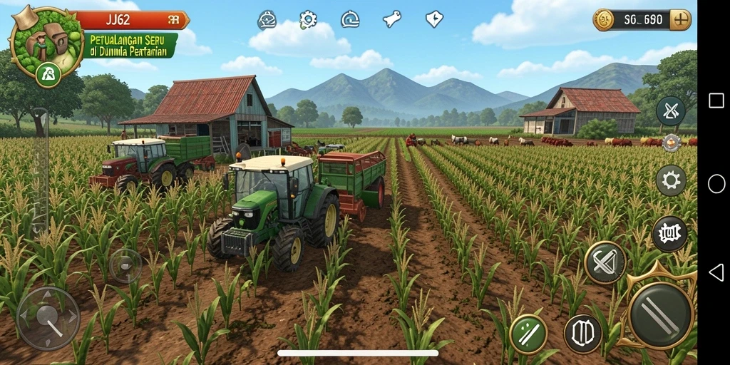 Screenshot gameplay JJ62 menunjukkan aktivitas seru di lahan pertanian.