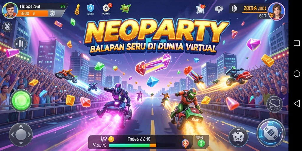 Tangkapan layar NEOPARTY menampilkan aksi balapan yang mendebarkan.