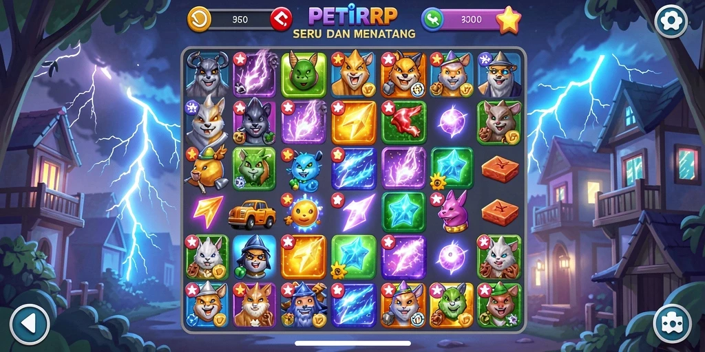 Tampilan gameplay <strong>PETIRRP</strong> dengan simbol-simbol cerah yang menantang.