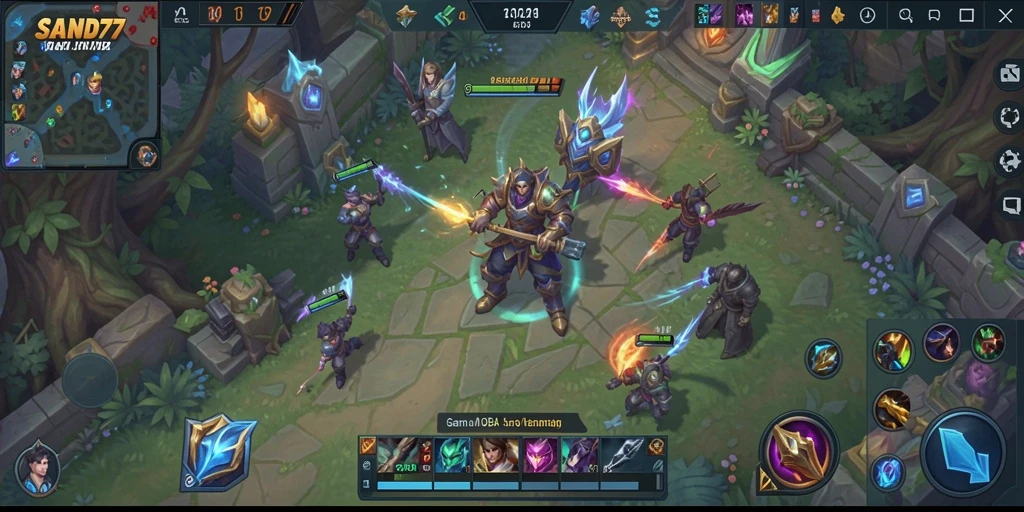 Screenshot gameplay SAND77 menampilkan pertarungan tim yang seru dalam MOBA.