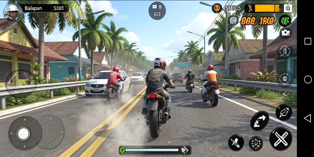 Tampilan gameplay seru dan menantang dalam SM605 saat balapan motor.