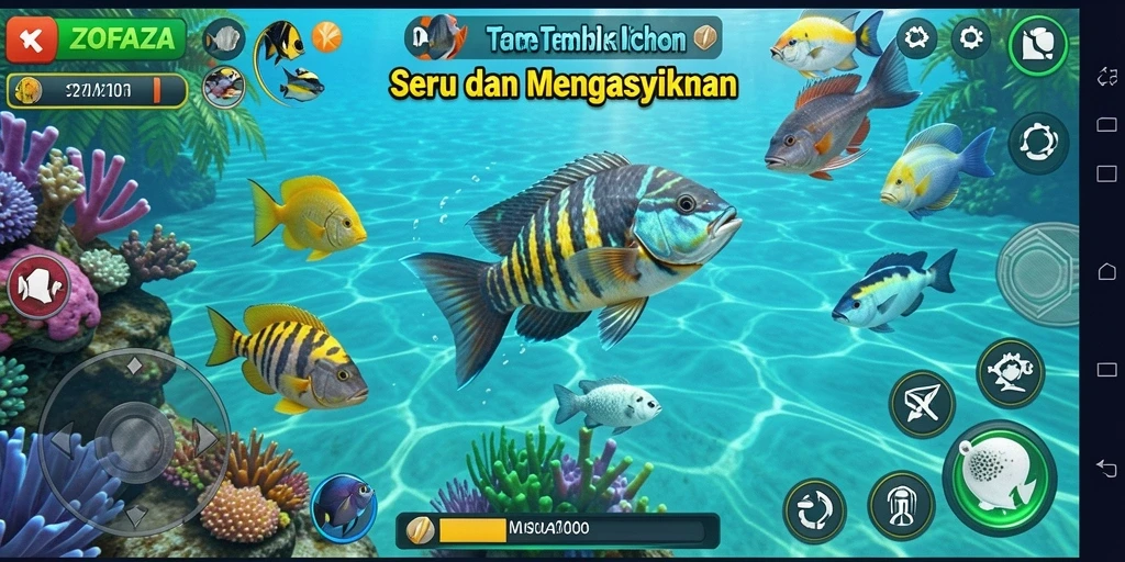 Tangkapan layar utama ZOFAZA menampilkan aksi menembak ikan yang seru dan dinamis.